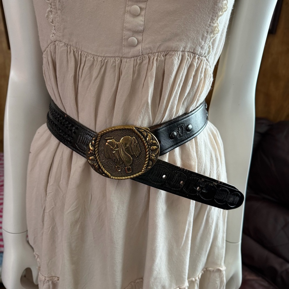 Vintage Leather Belt with Brass Buckle - Picture 2 of 7